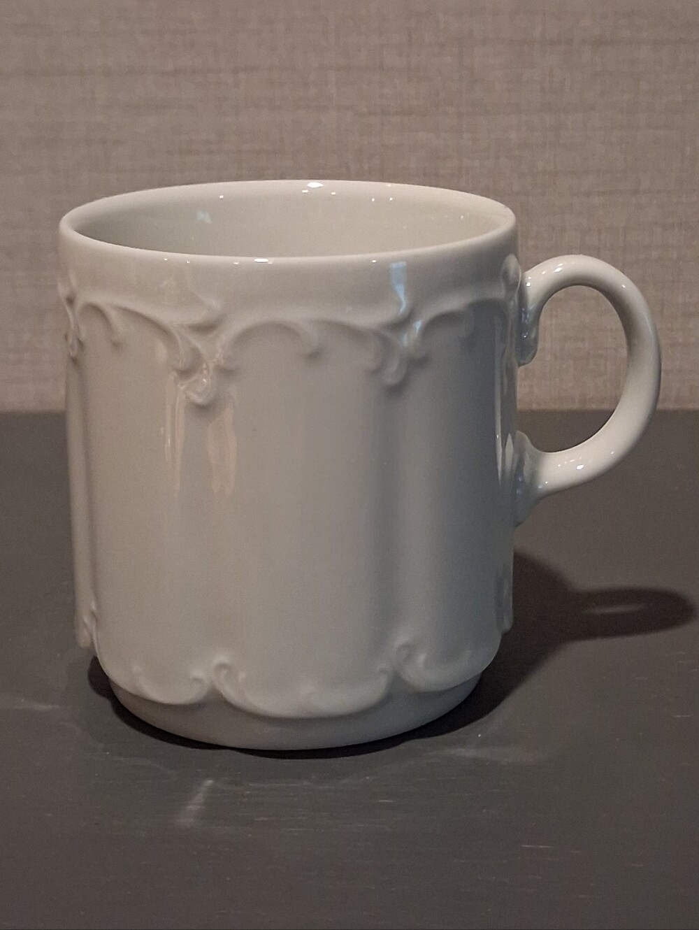 Vintage Rosenthal Monbijou Rococo Style Mug Embossed Scroll Work White Porcelain